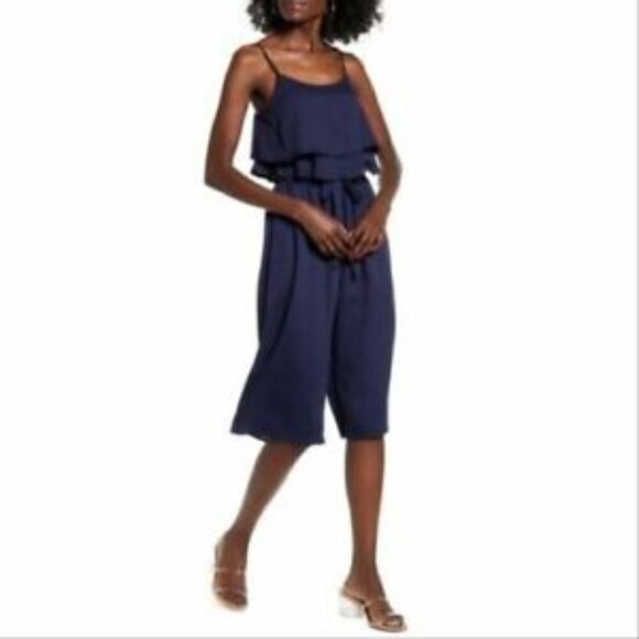 NEW One Clothing Size S Sleeveless Ruffle Pant Jumpsuit Cropped Wide Leg in Navy - Picture 1 of 14